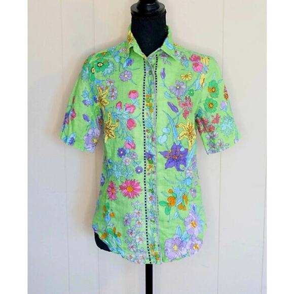 Averardo Bessi Linen Green Floral Ladies Button Down, Size US 6 - Picture 1 of 8